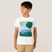 Kinderen achtertuin zwembad scène met zon boom t-shirt (Voorkant volledig)