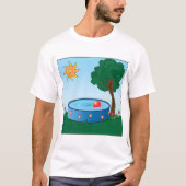 Kinderen achtertuin zwembad scène met zon boom t-shirt (Voorkant)