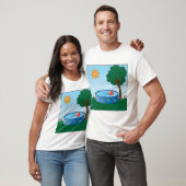 Kinderen achtertuin zwembad scène met zon boom t-shirt (Unisex)