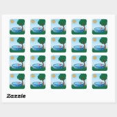 Kinderen achtertuin zwembad scène met zon boom vierkante sticker (Vel)