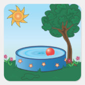 Kinderen achtertuin zwembad scène met zon boom vierkante sticker (Voorkant)