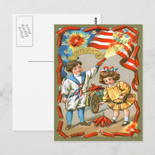 Kinderen Amerikaanse Vlag Vuurwerk Firecracker Briefkaart (Voorkant / Achterkant)