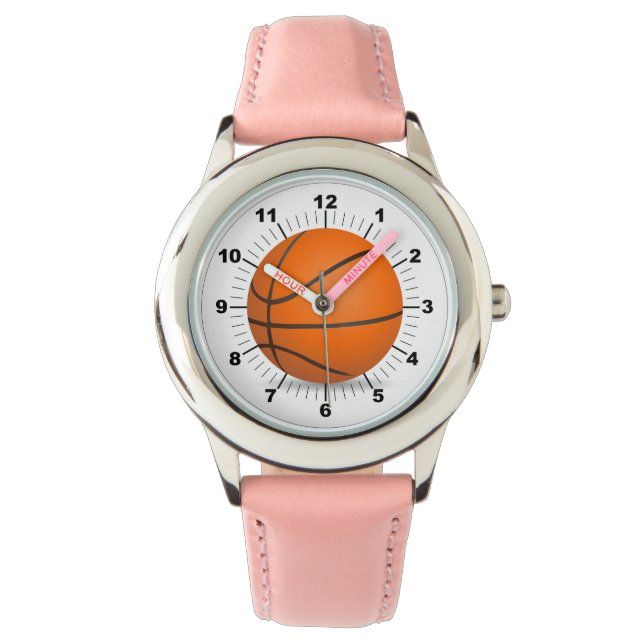 Kinderen basketbal roze lederen band horloge (Voorkant)