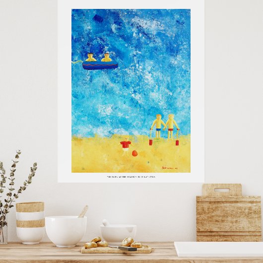 Kinderen bij het hedendaagse kunstprint aan zee poster (Keuken)