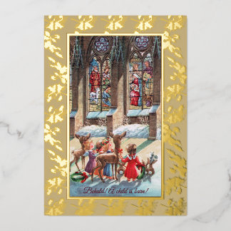 Kinderen bij het kerkraam Folie Kerstkaart Feestdagenkaart