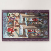 Kinderen bij het kerkraam met Kerstmis Legpuzzel (Horizontaal)