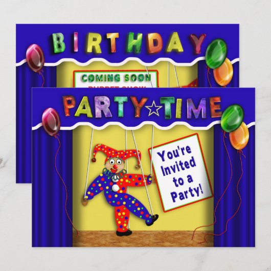 Kinderen Birthday Party Invitation, puppets Kaart (Voorkant / Achterkant)
