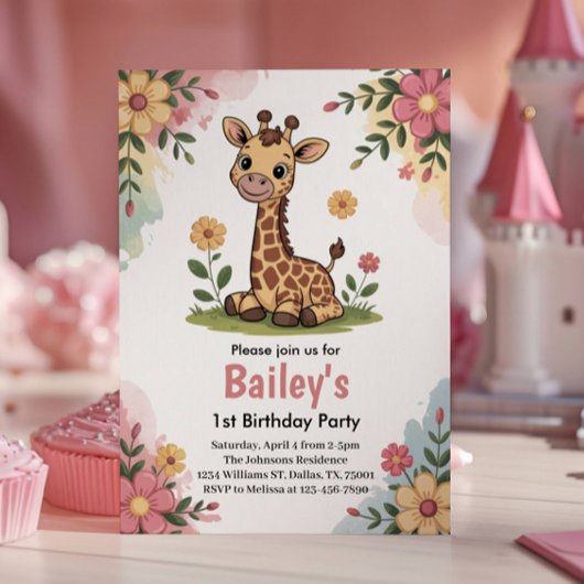 Kinderen Bloemengiraffe Jungle 1e Verjaardagsfeest Kaart