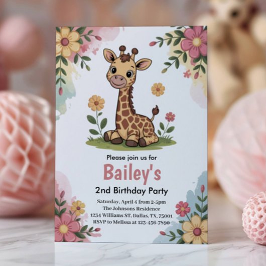 Kinderen Bloemengiraffe Jungle 2e Verjaardagsfeest Kaart