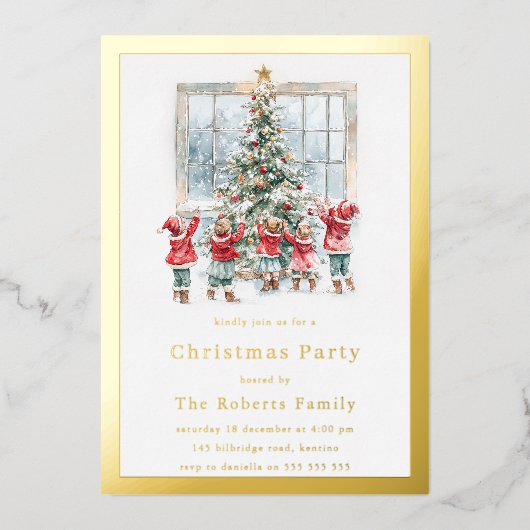 Kinderen & Boom Gouden Folie Kerstfeest Folie Uitnodiging (Voorkant)