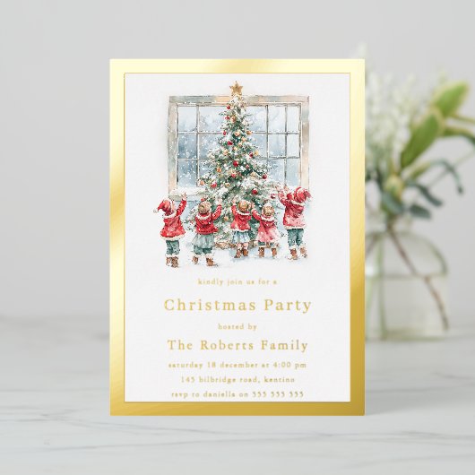 Kinderen & Boom Gouden Folie Kerstfeest Folie Uitnodiging (Staand Voorkant)