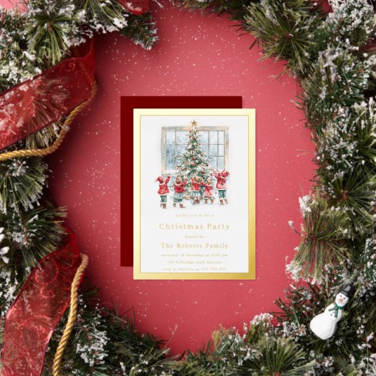 Kinderen & Boom Gouden Folie Kerstfeest Folie Uitnodiging (Insitu)