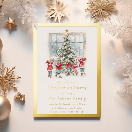 Kinderen & Boom Gouden Folie Kerstfeest Folie Uitnodiging