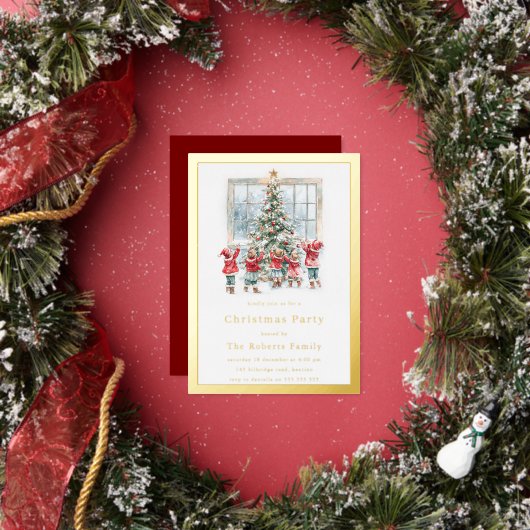 Kinderen & Boom Gouden Folie Kerstfeest Uitnodiging (Insitu)