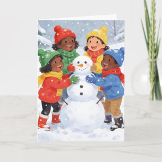 Kinderen bouwen een sneeuwman feestdagen kaart