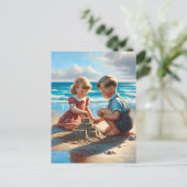 Kinderen Bouwen van een zandkasteel op het strand Briefkaart (Staand voorkant)