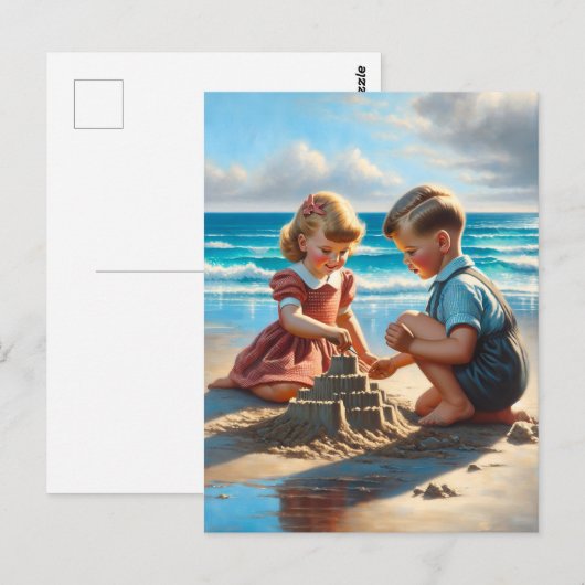 Kinderen Bouwen van een zandkasteel op het strand Briefkaart (Voorkant / Achterkant)