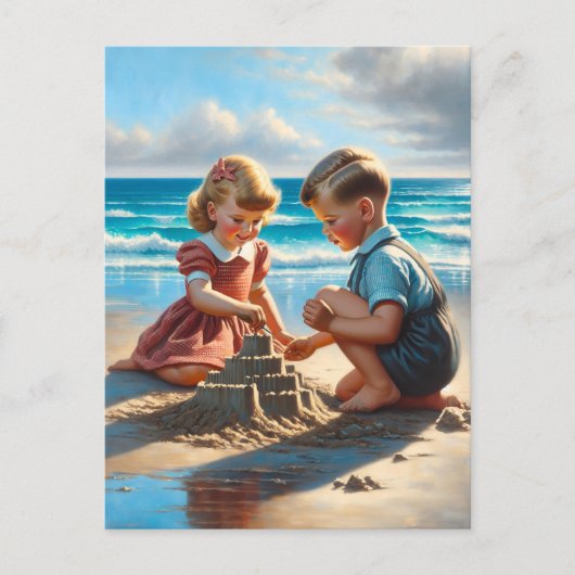 Kinderen Bouwen van een zandkasteel op het strand Briefkaart (Voorkant)