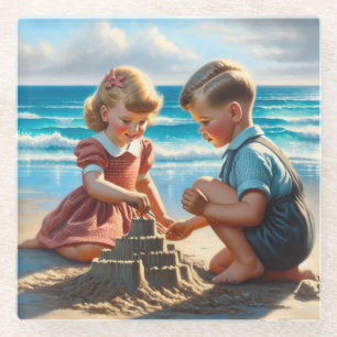 Kinderen Bouwen van een zandkasteel op het strand Glazen Onderzetter