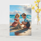 Kinderen Bouwen van een zandkasteel op het strand Kaart (Gele Bloem)