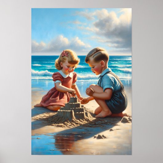 Kinderen Bouwen van een zandkasteel op het strand Poster (Voorkant)