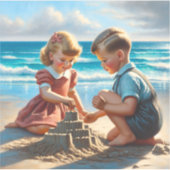 Kinderen Bouwen van een zandkasteel op het strand Sticker (Voorkant)