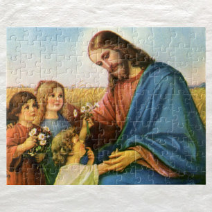 kinderen brengen bloemen naar Jezus Christus Legpuzzel