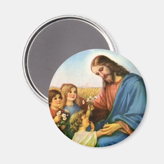  kinderen brengen bloemen naar Jezus Christus Magneet (Voorkant / Achterkant)