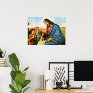  kinderen brengen bloemen naar Jezus Christus Poster