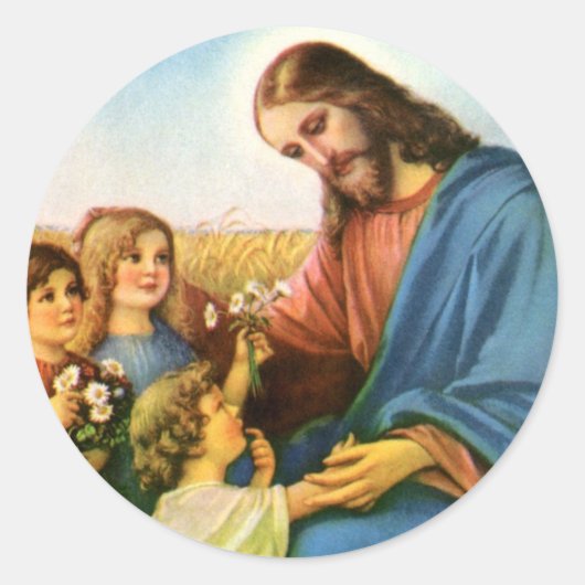 kinderen brengen bloemen naar Jezus Christus Ronde Sticker (Voorkant)