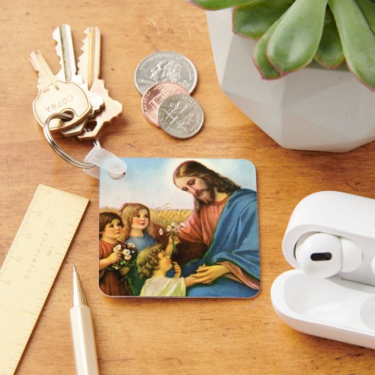  kinderen brengen bloemen naar Jezus Christus Sleutelhanger (Bureau)