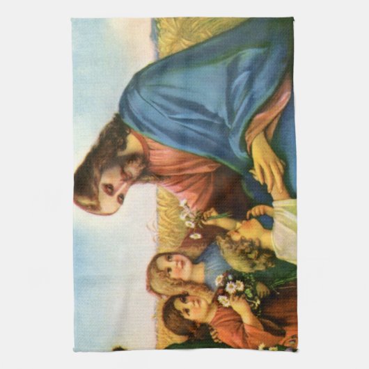  kinderen brengen bloemen naar Jezus Christus Theedoek (Verticaal)