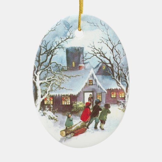 Kinderen brengen met kerst rond het jaarrooster keramisch ornament (Voorkant)