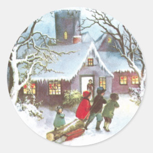 Kinderen brengen met kerst rond het jaarrooster ronde sticker