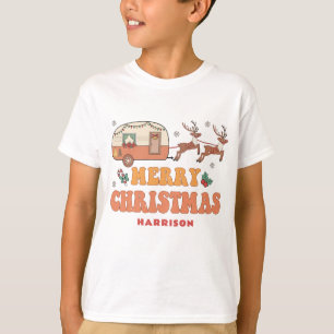 Kinderen Camping Kerst Rendier Retro Camper Naam T-shirt