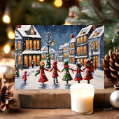 Kinderen Caroling in Snowy Village Kerstmis Feestdagen Kaart