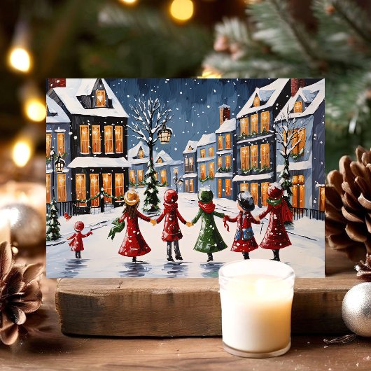 Kinderen Caroling in Snowy Village Kerstmis Feestdagen Kaart