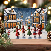 Kinderen Caroling in Snowy Village Kerstmis Feestdagen Kaart