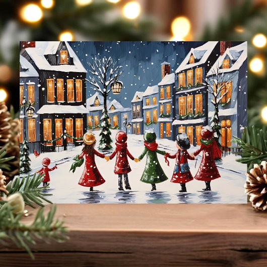 Kinderen Caroling in Snowy Village Kerstmis Feestdagen Kaart