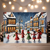 Kinderen Caroling in Snowy Village Kerstmis Feestdagen Kaart