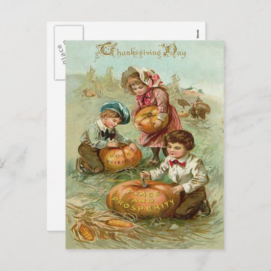 Kinderen Carving Pumpkins Corn Haystack Feestdagenkaart (Voorkant / Achterkant)