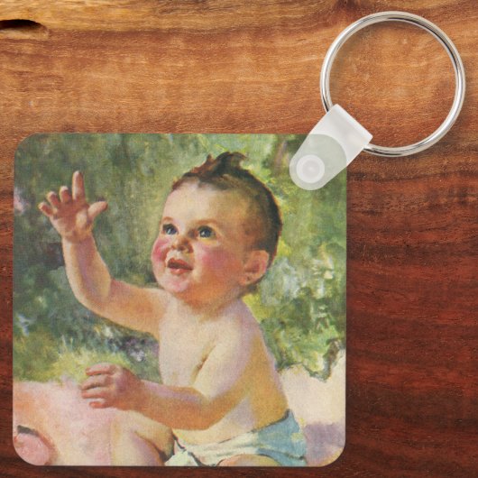  kinderen, Cute Baby Girl op een Roze Blanket Sleutelhanger (Achterkant)