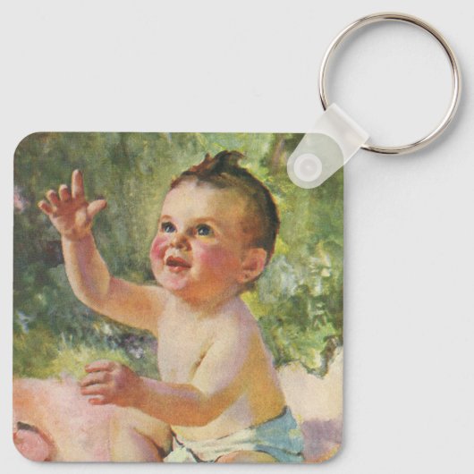 kinderen, Cute Baby Girl op een Roze Blanket Sleutelhanger (Achterkant)