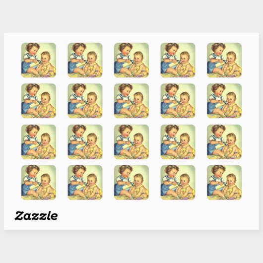 kinderen, Cute Happy Toddlers-sloopfles Vierkante Sticker (Vel)