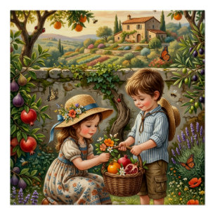 Kinderen die appels oogsten in het landelijke plat perfect poster