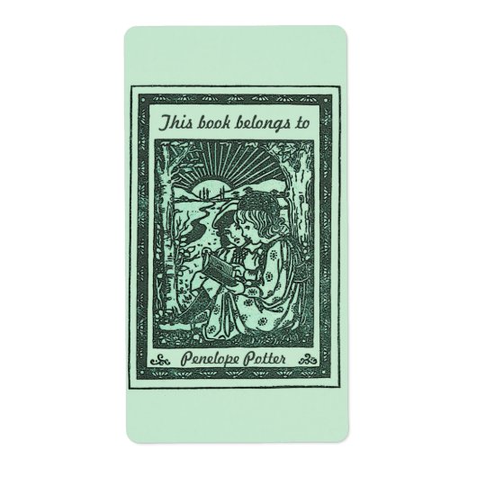  Kinderen die Bookplaat in Mint Groen lezen Etiket (Voorkant)