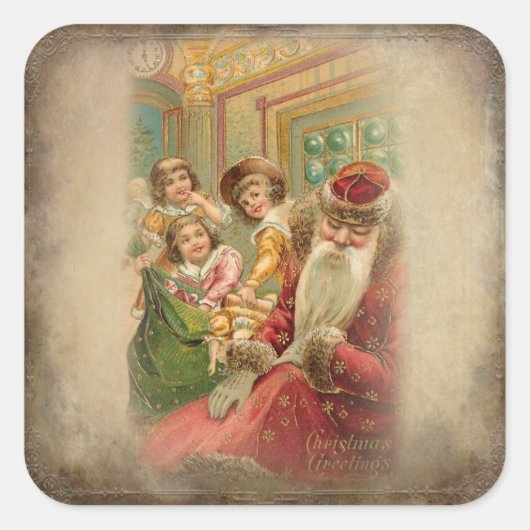  kinderen die cadeautjes innemen terwijl de kerstm vierkante sticker (Voorkant)