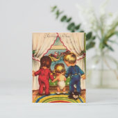  kinderen die de kerstman bekijken feestdagenkaart (Staand voorkant)