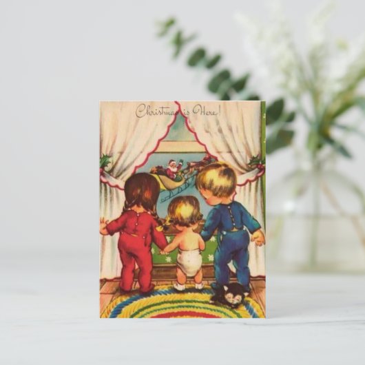  kinderen die de kerstman bekijken feestdagenkaart (Staand voorkant)