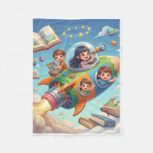 Kinderen die de ruimte verkennen met cartoon-raket fleece deken